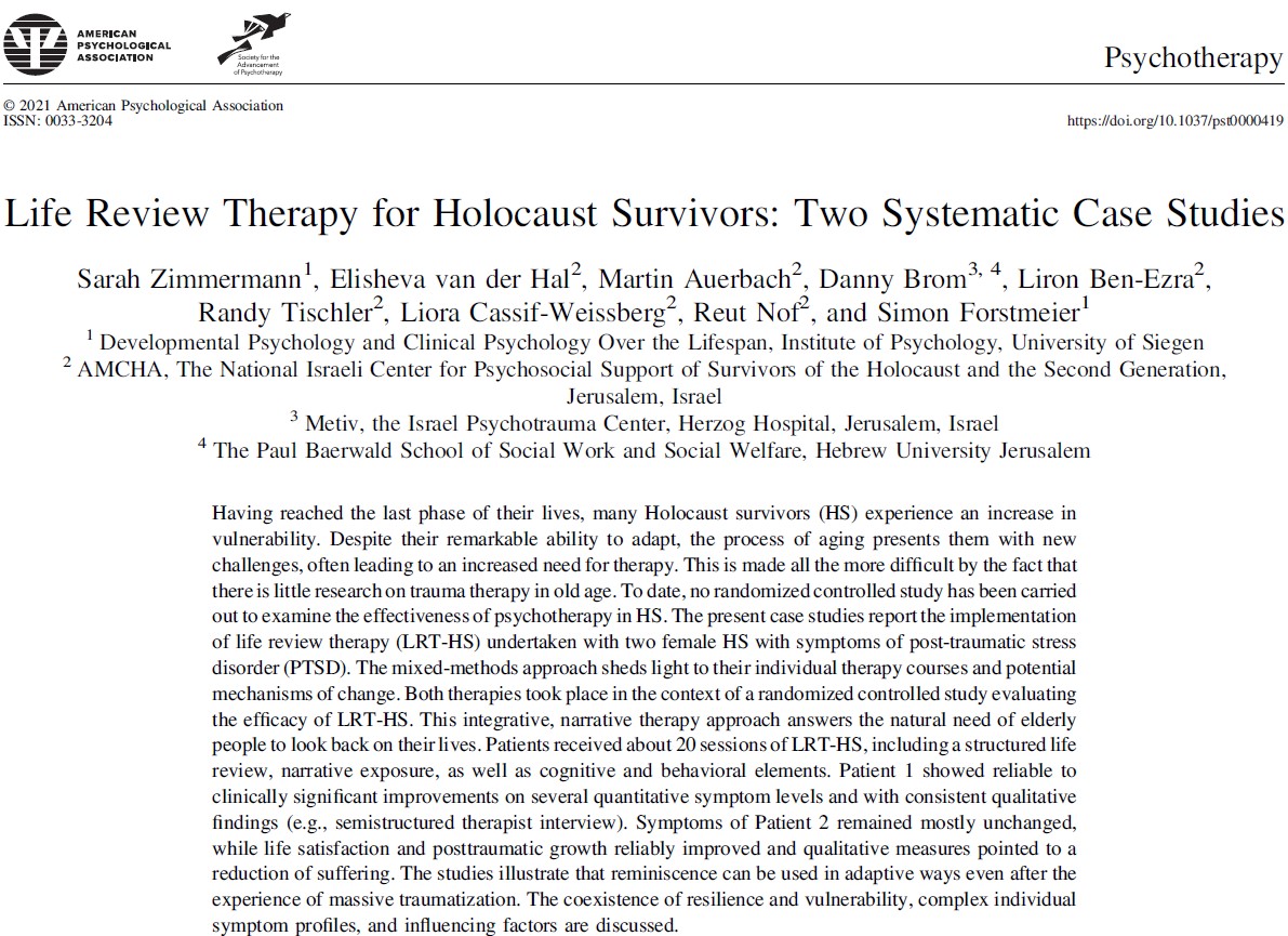 SimonForstmeier's tweet photo. Life review therapy for #Holocaust survivors (LRT-HS): Two systematic case studies, in @APA_Journals Psychotherapy, by researchers from @UniSiegen, #AMCHA Israel, #Metiv Israel Psychotrauma Center (#DannyBrom), https://t.co/ZKQTcXUlNO @AMCHAde, funded by @dfg_public @ClaimsCon https://t.co/cVcfwpZonD
