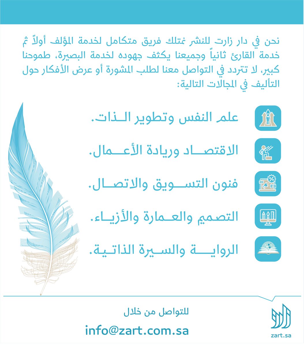 "إذا كان هناك كتاب تريد قراءته
ولكن لم يتم كتابته بعد، فعليك كتابته".
                              توني موريسون

لا تتردد في التواصل معنا لطلب المشورة أو عرض الأفكار حول التأليف في المجالات التالية: 

info@zart.com.sa