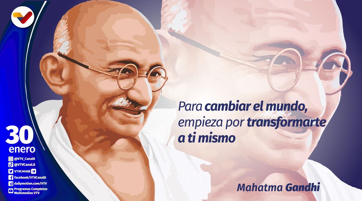 #EFEMÉRIDE🗒️| El #30Ene de 1948 muere Mahatma Gandhi, líder espiritual y político de la India. Gandhi fue predicador de la ‘no violencia’ e inspiraba a la perseverancia en un activismo pacífico fundado en la fuerza de las convicciones. #VenezuelaDePazYJusticia