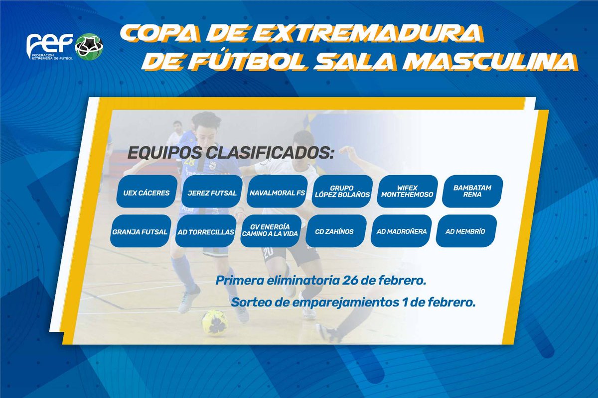 📸Equipos clasificados para la 🏆COPA DE EXTREMADURA de #FútbolSala🥎 Masculina 21-22 | 📅El sorteo de la primera eliminatoria, de la que están exentos los equipos de Segunda B, se celebrará este martes 1 de febrero 👍🏼¡Enhorabuena a todos y mucha suerte! #JugamosEnEquipo