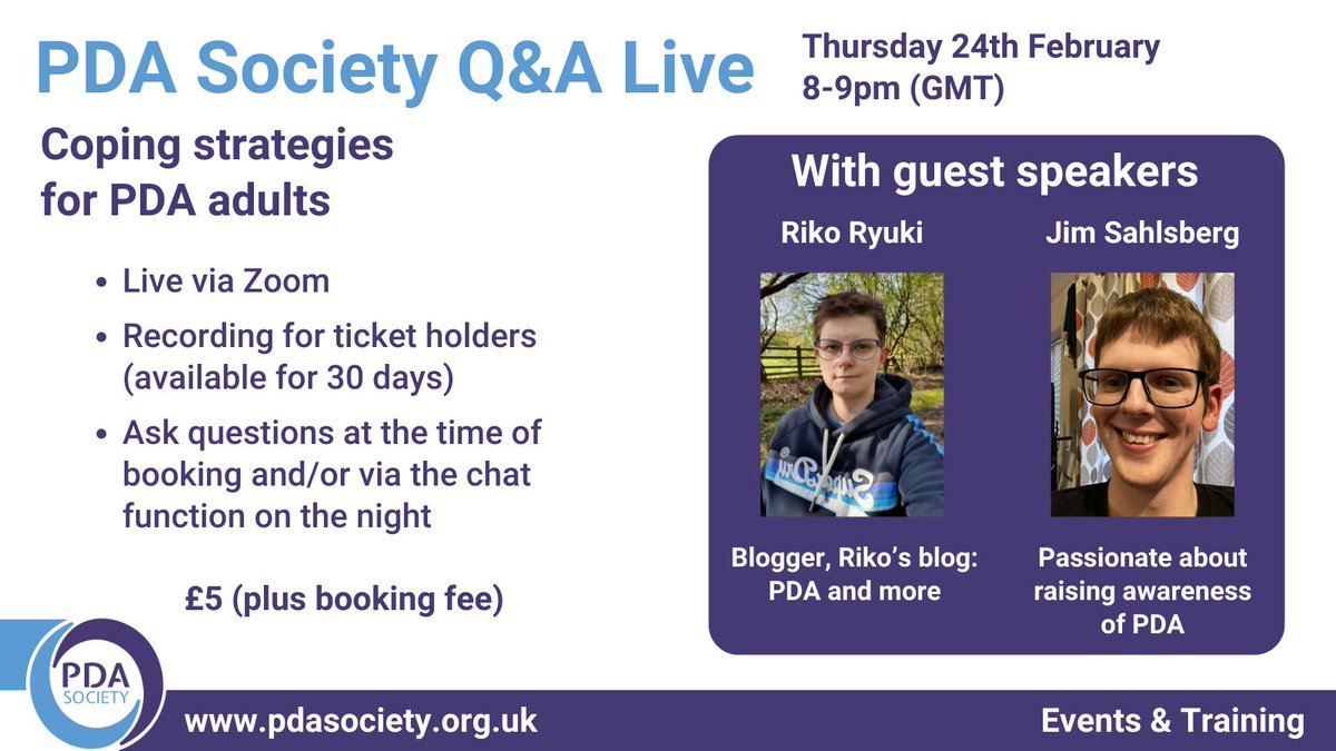 Tickets are available now for our online Q&amp;A Live about coping strategies for PDA adults on 24th Feb: eventbrite.co.uk/e/pda-society-…

We'll be joined by Riko Ryuki and Jim Sahlsberg who are both PDA adults with lots of strategies and lived experience to share. 

#PDA <a href="/RikoRyuki/">Riko Ryuki</a>
