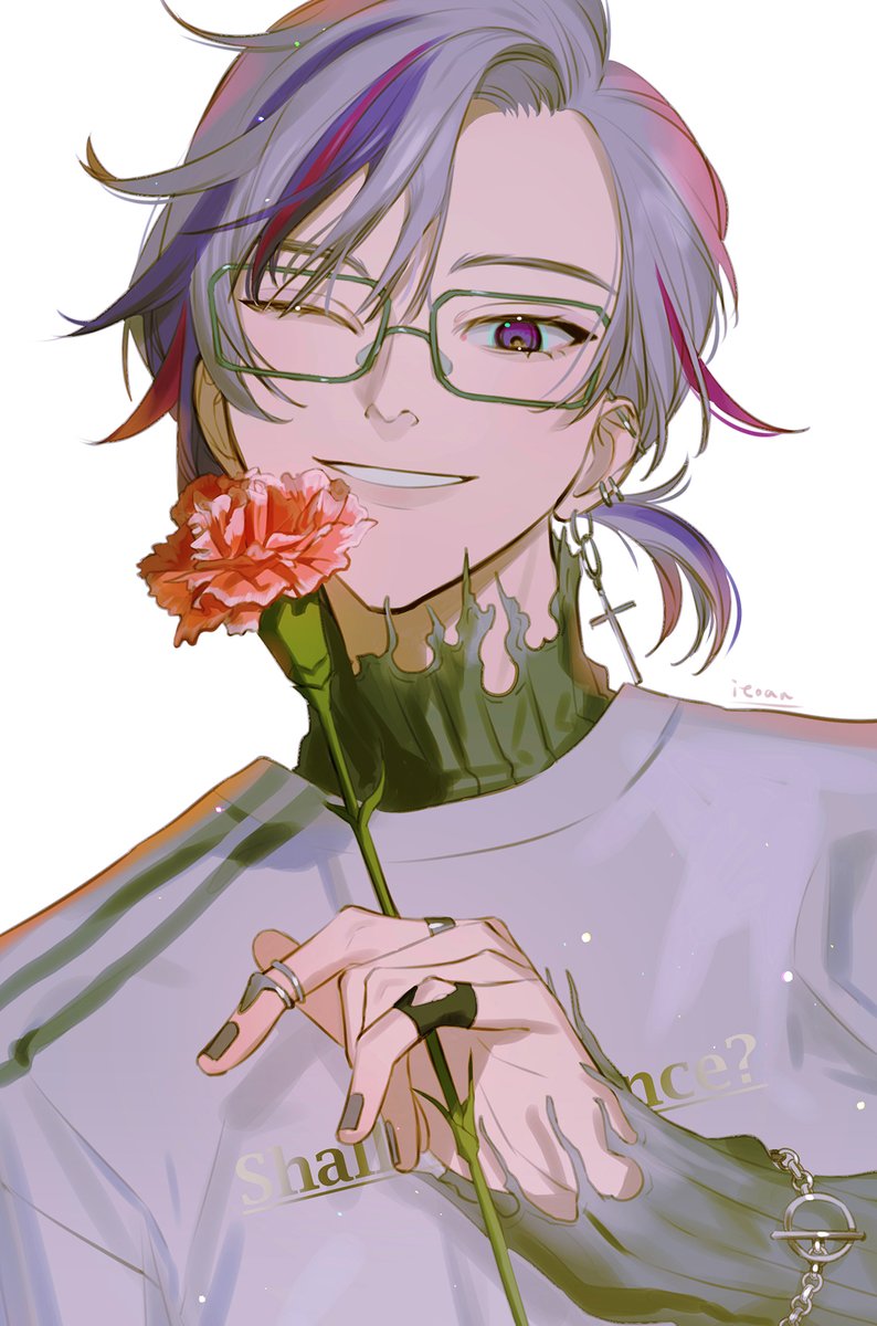 1boy male focus flower one eye closed glasses solo jewelry  illustration images