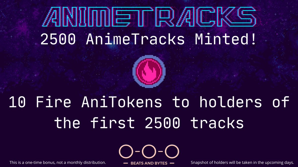 HUGE MILESTONE

2500+ AnimeTracks Minted (over 14h of music!)

GIVEAWAY TIME!
1. RT
2. Tag a friend that needs an Animeta
3. Follow <a href="/the_real_ooo_io/">o-o-o.io</a> &amp; <a href="/Animetas1/">Animetas</a> 

Prize - Animeta + AnimeTrack Combo!
