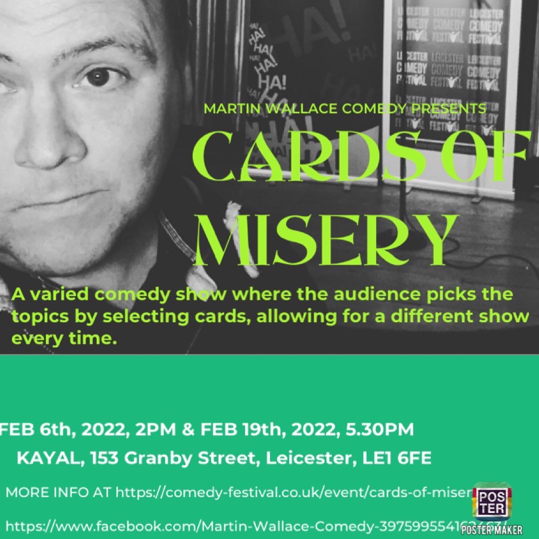 MartinWallace01's tweet photo. For those who don’t know I have 2 performances of my Cards of Misery show at #lcf this year. Please come along if you can. 😀 #leicester #comedy #miltonkeynes #ncf #leicscomedyfest https://t.co/yRZNe8J6Fb https://t.co/RewFQFVR0V