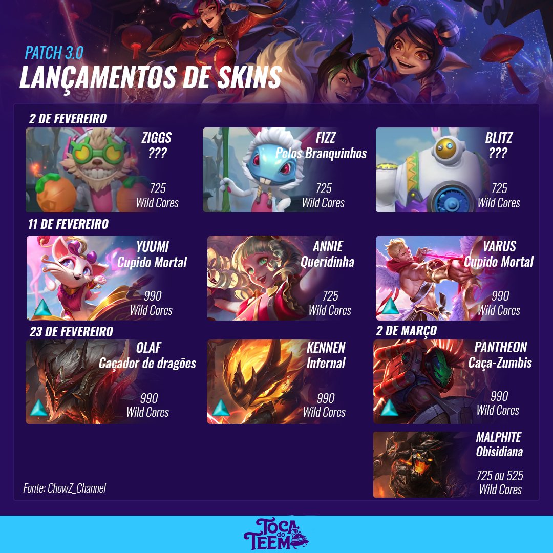 TocaWildRift's tweet image. Nesse mês de fevereiro teremos skins fresquinhas chegando ao Wild Rift, confiram a data de todas elas!