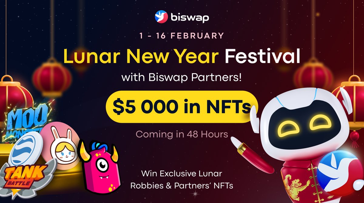 Biswap_Dex's tweet photo. 🧧$5 000 in NFTs for Lunar New Year!🧧
48H to Celebration with Biswap &amp; 5 Partners!

@Biswap_Dex &amp; 5 Partners prepared #NFT Gifts for you!

🏮Prize Pool: $5K in NFTs from Biswap &amp; 5 Partners
🎎Winners: 152
📅01 – 16 FEB

Read how to participate:
https://t.co/bOW9G2GIFj

🐅ROAR! https://t.co/5B0jhafSfV