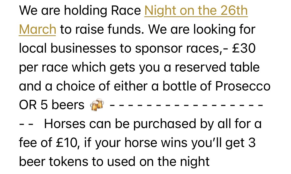 RACE NIGHT <a href="/barrowcricket/">Barrow Cricket Club</a> 
Please get in touch if you wish to sponsor a race or a horse 🐎🐎
