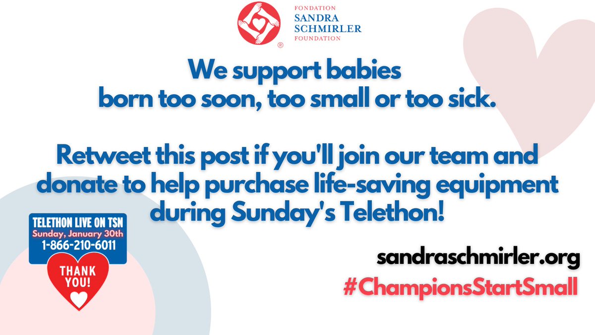 TeamHoman's tweet image. The annual telethon to help raise money for babies born too soon, too small and too sick runs all day today during the #STOH2022 through the @SandraSchmirler Foundation.

Call 1-866-210-6011 to donate. #ChampionsStartSmall ❤️