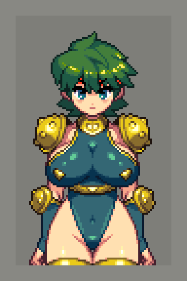 「オリキャラ正面ドット絵 戦士ハンナ
元気系の緑っ子 」|湯村きの 🔞のイラスト