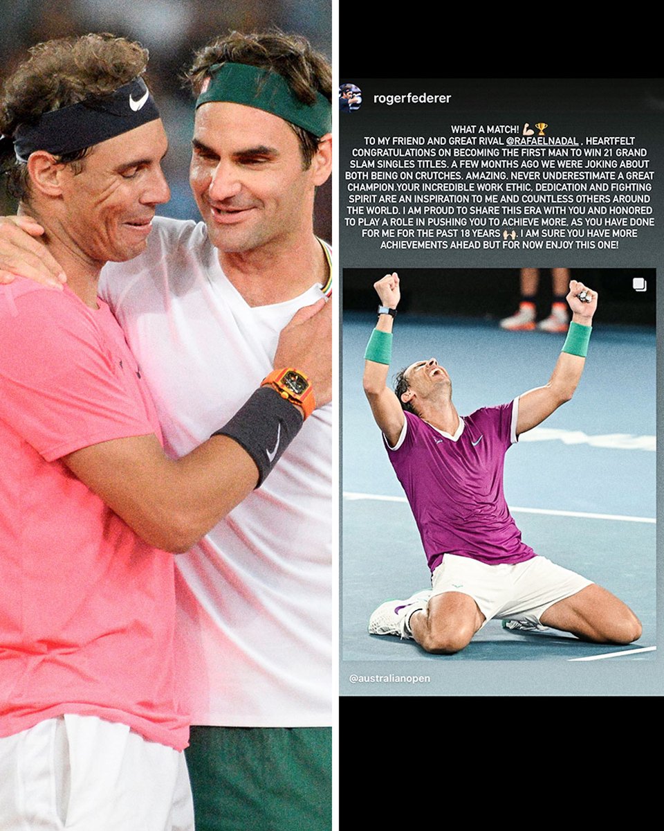 From one tennis legend to another 🏆

@RogerFederer 🤝 <a href="/RafaelNadal/">Rafa Nadal</a>