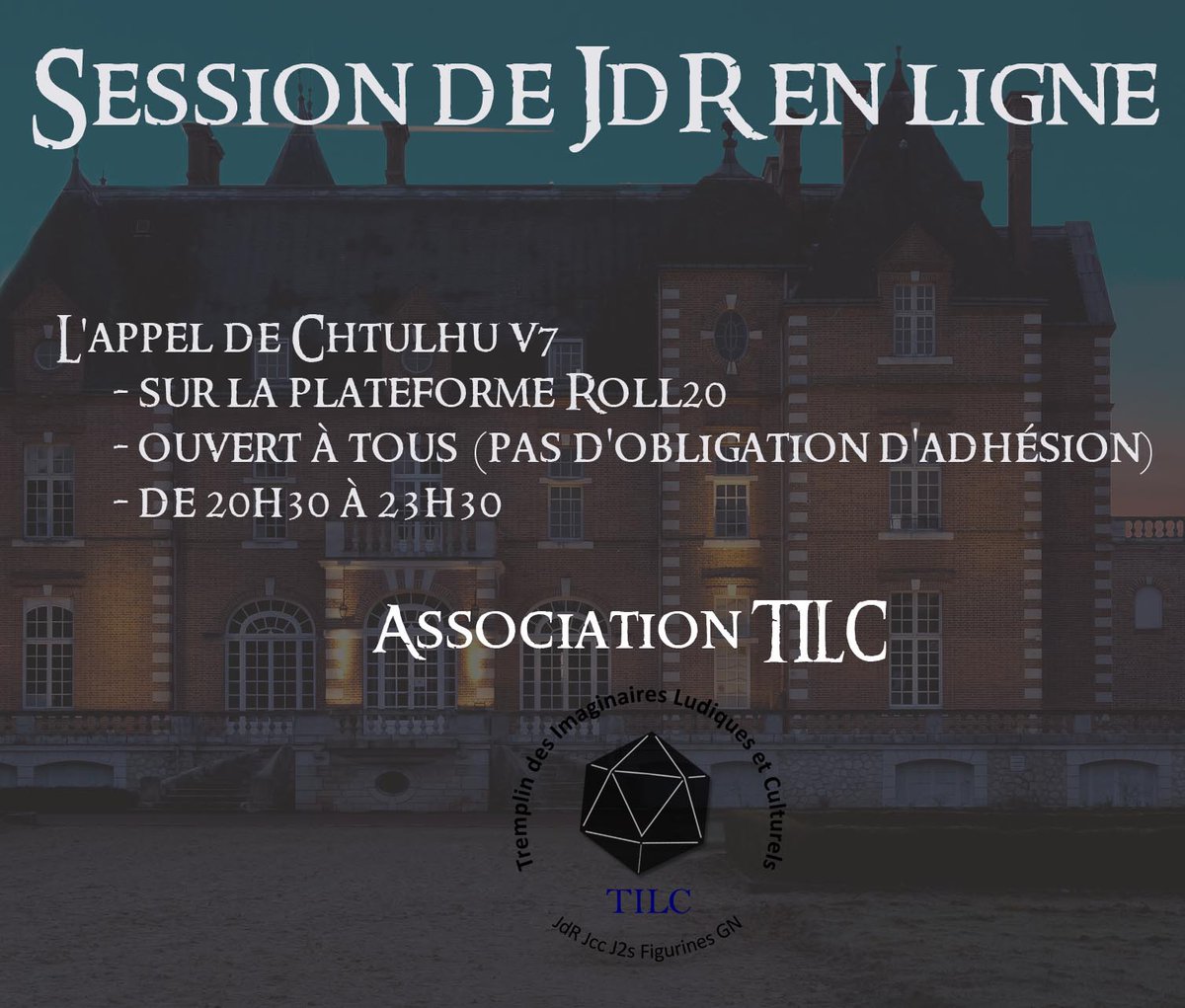 JdR_44110's tweet image. Cette semaine nous avons inauguré notre première session de #chtulhu en ligne pour PJ débutants, avec la visite d'un manoir maudit.

Un seul PJ n'en revint pas.

Si vous voulez tenter l'aventure prochaine session le 10 février !