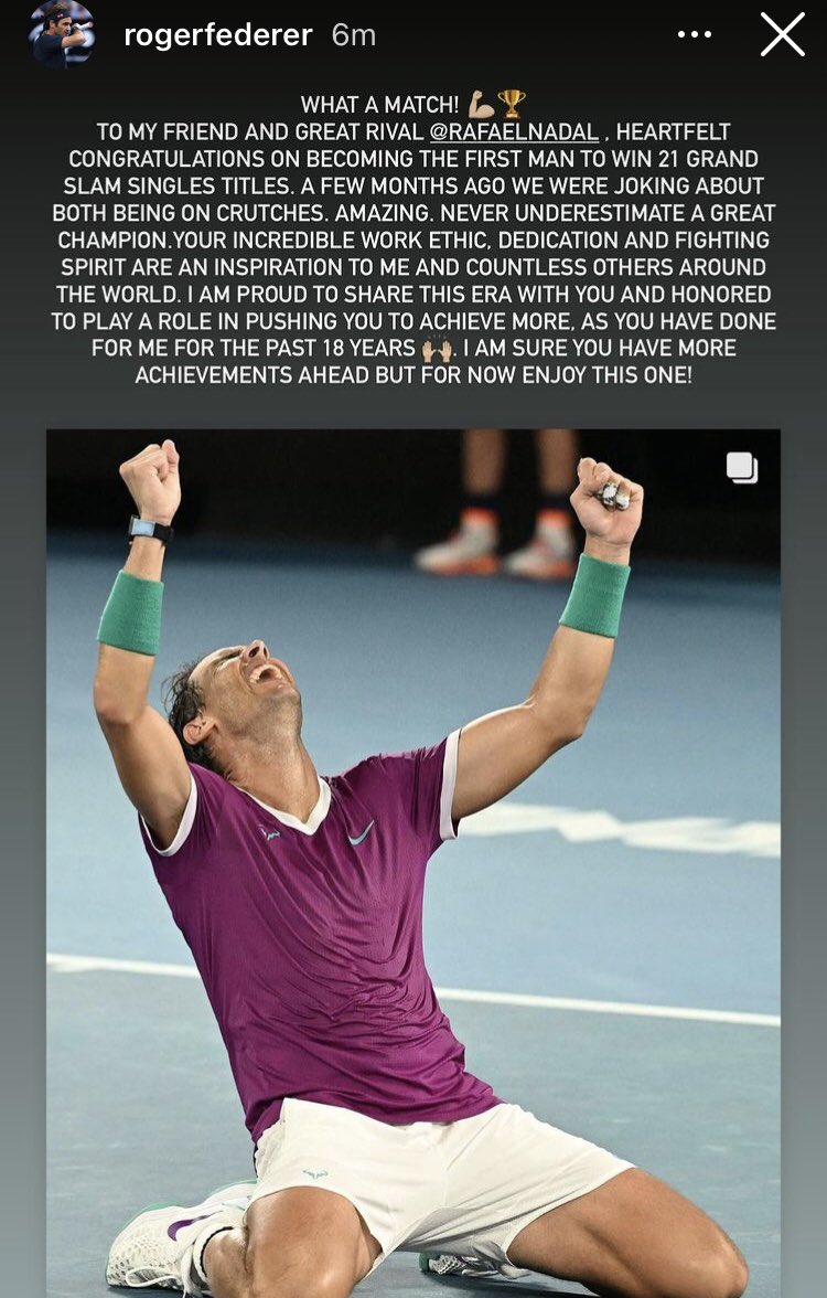 TennisTV's tweet photo. 2017: 35 y/o comes back from long-term injury to win the Australian Open in five-set final

2022: 35 y/o comes back from long-term injury to win the Australian Open in five-set final

@rogerfederer 🤝 @RafaelNadal https://t.co/PiSeilq6F3
