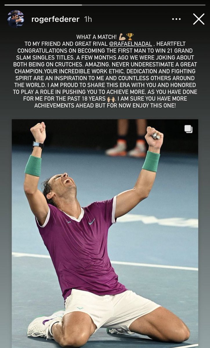 livetennis's tweet photo. Roger Federer on Instagram 📲

𝗥𝗲𝘀𝗽𝗲𝗰𝘁. 

#AusOpen #AO2022 https://t.co/CfITi5ahxx