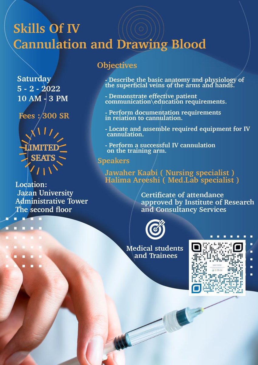 smiresmedlab's tweet photo. #إعلان |
يعلن مكتب #سمايرس #SMIRES عن تقديم ورشة عمل بعنوان الطرق الصحيحة لادخال الابر و سحب الدم
Skill of IV Cannulation and Drawing Blood https://t.co/xNeQ481SOA