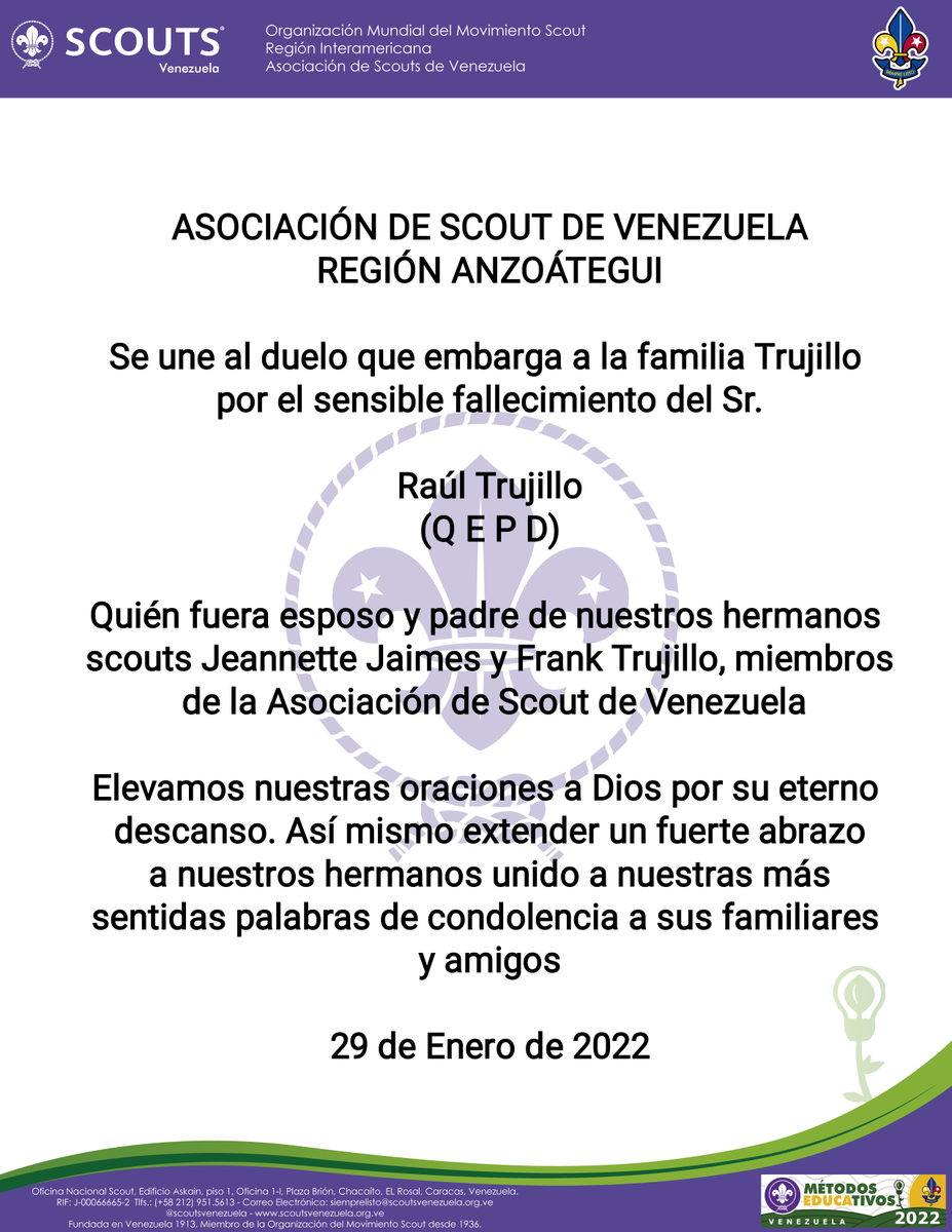 Desde región Anzoátegui nos unimos al duelo que embarga a nuestros hermanos scouts Jeannette Jaimes y Frank Trujillo
Paz a su alma