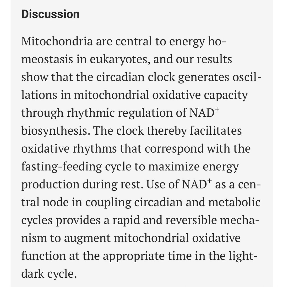 Circadian Clock NAD+ Cycle Drives Mitochondrial Oxidative Metabolism in Mice  https://www.ncbi.nlm.nih.gov/labs/pmc/articles/PMC3963134/