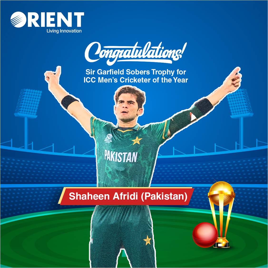 OrientPakistan's tweet photo. With yorkers like bullets and bouncers like rockets, Shaheen Afridi proved his worth and won Sir Garfield Sobers Trophy for ICC Men's Cricketer of the Year! Thank you for making the entire country proud.
#Orient #OrientForLife #Cricket #ICC https://t.co/rKcZSHSM5f