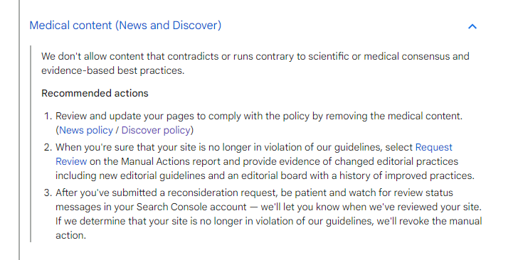 glenngabe's tweet photo. Heads-up. Don't ignore Discover &amp; Google News policy warnings in GSC. It might take 6 months or a year, but a manual action could follow. Had multiple publishers reach out this weekend about manual actions for Discover/Google News. E.g. misleading content, medical content, etc. https://t.co/JutaP82HQL