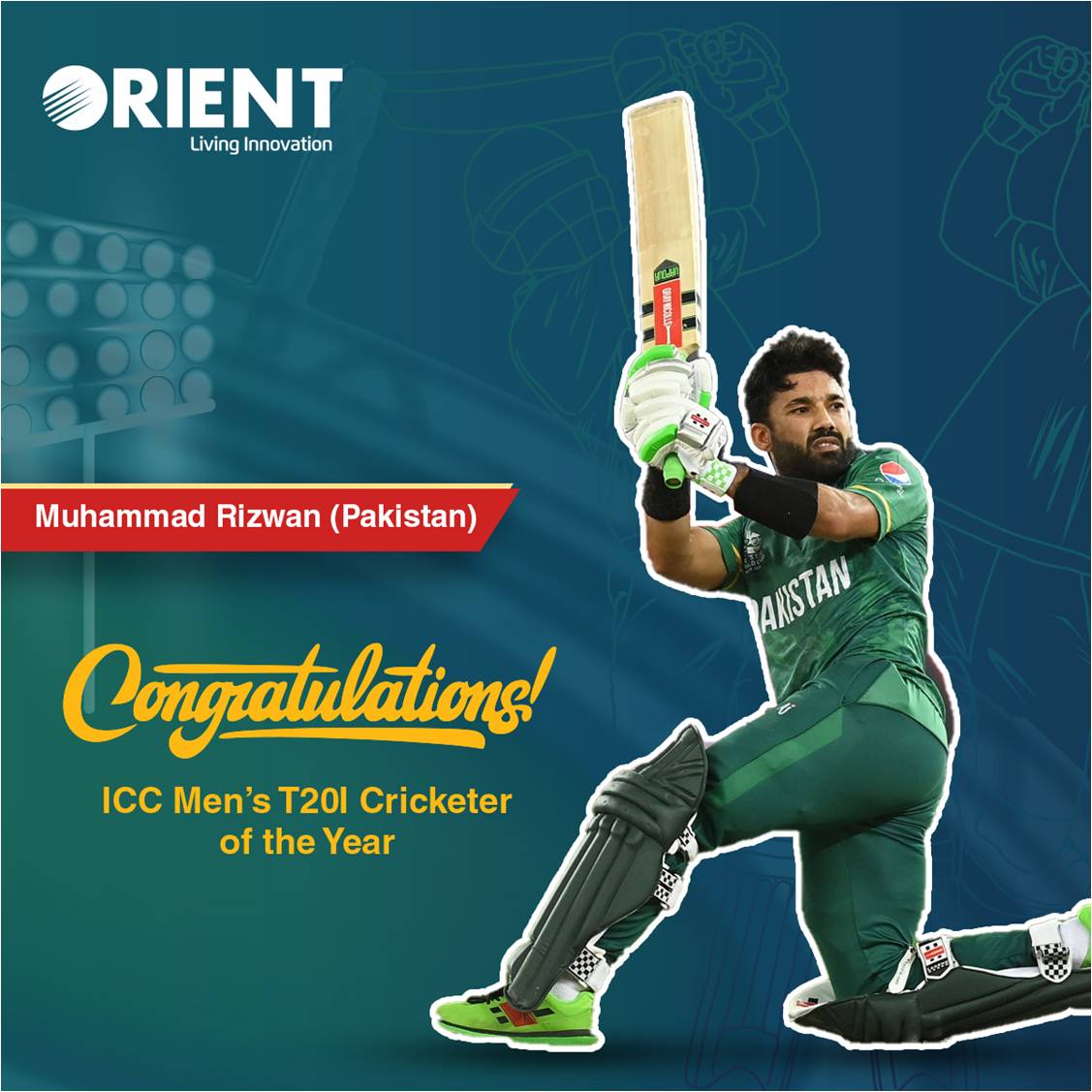 OrientPakistan's tweet photo. A big round of applause for ICC Men's T20 Cricketer Of The Year, Mr Muhammad Rizwan.
Thank you for the amazing wicket keeping and stellar batting performances.
#Orient #OrientForLife #Cricket #ICC https://t.co/znN9BLHhx6