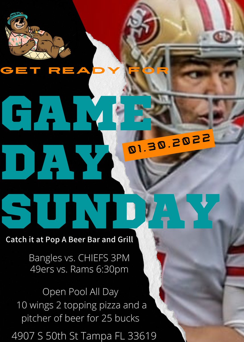 Mach5E21's tweet image. Happy Sunday everyone!!! It&apos;s Game Day Sunday!!! Sunday also means Open Pool at Pop A Beer Bar and Grill!!! And don&apos;t miss out on the Sunday Special!!! 10 wings, 2 topping pizza and a pitcher of beer for 25 bucks!!! Chiefs vs. Bengles at 3pm and the 49ers face the Rams at 6:30pm!