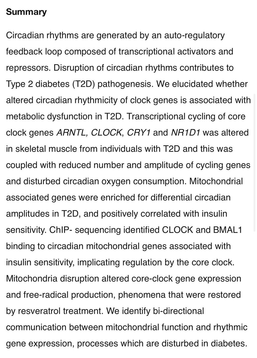 Disrupted circadian core-clock oscillations in Type 2 Diabetes are linked to altered rhythmic mitochondrial metabolism  https://www.biorxiv.org/content/10.1101/2021.02.24.432683v1.fullCircadian rhythm and mitochondria control all energy metabolism.
