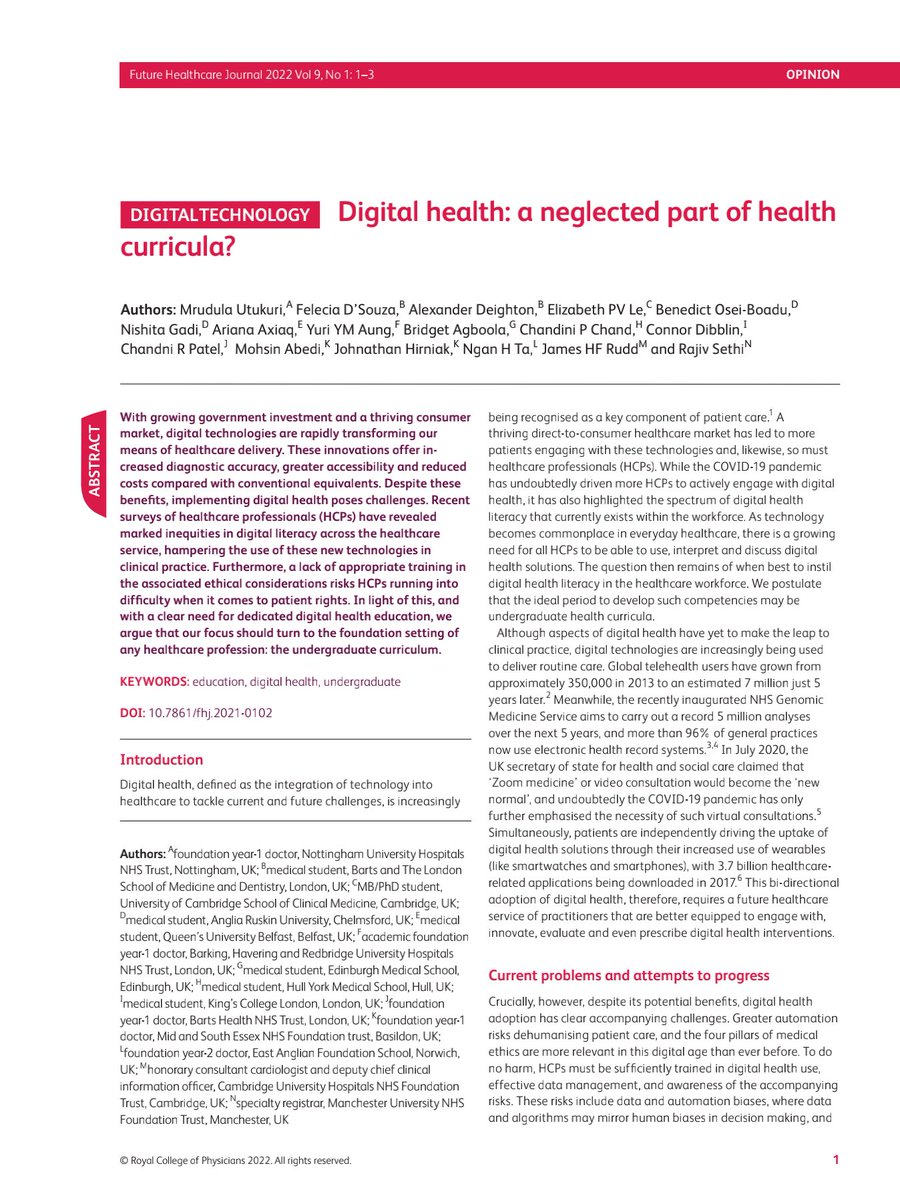 Our newest publication from the <a href="/Fdigitalhealth/">Faculty of Digital Health 🖥️</a> on undergraduate digital health education. This is a lead up to our national study which is being run in collaboration with Health Education England and due to be published later this year 
doi.org/10.7861/fhj.20…
#medtwitter #NHS