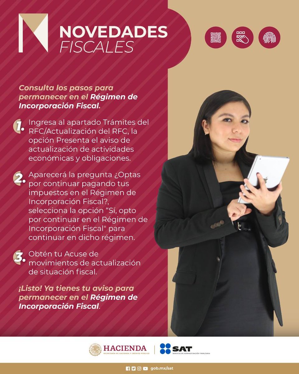 SATMX's tweet photo. ¿Quieres seguir en el Régimen de Incorporación Fiscal? Ten en cuenta lo siguiente:
Recuerda que el 31 de enero de este año es el último día para presentar el aviso. 
🖥️ https://t.co/gLmruCltaJ

Tutorial: https://t.co/TR3lYVRKqb https://t.co/fQeNVeSAt2