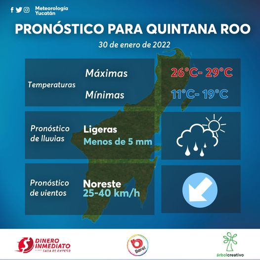 ClimaYucatan's tweet photo. Se prevé una noche fría en #QuintanaRoo
Temperaturas 
Máximas: 26-29 
Mínimas: 11-19
Lluvia 
Ligeras 
(Menos de 5 mm) 
Viento 
Noreste 
25 a 40 km/h https://t.co/duPn61zndk