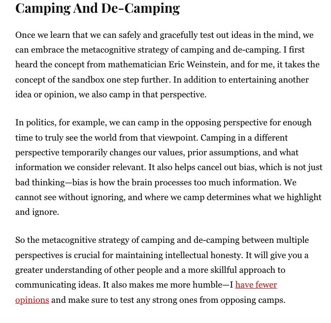 Our recent article about metacognition   as the bird's eye view of the mind included a section inspired by <a href="/EricRWeinstein/">Eric Weinstein</a> about mental sandboxes and the importance of camping/de-camping. 
exploringkodawari.blog/metacognition/

#metacognition #Psychology #Political #mindfullness