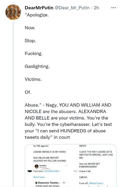 SheWhoRises's tweet photo. @Dear_Mr_Putin @AntifaBelles @TheF0rgiver @ItsMeKaidinn LouiseMensch is telling the truth. I have a severe personality disorder that causes me to steal from people, lie and manipulate. It's my nature. I turn on everyone eventually😅. My inner conflict gives me a migraine, but I love helping disgusting pedophiles like Sang. https://t.co/xS1biVL95K