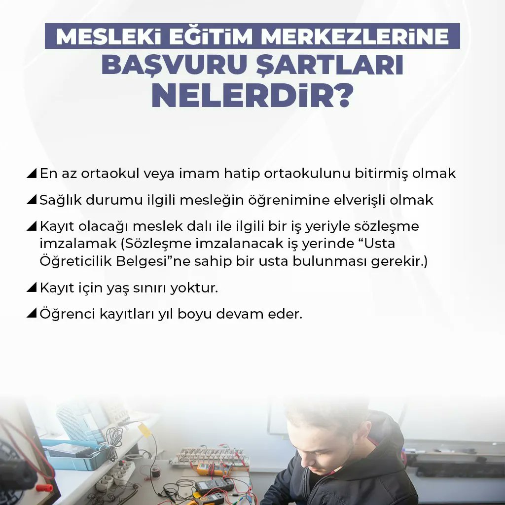 Uzunlar61551's tweet photo. Mesleki Eğitim Merkezleri SENİ Bekliyor!...

📍Nasıl başvurabilirim?

📍Başvuru koşulları neler?

📍Diploma süreci nasıl işliyor?

📍Sağladığı avantajlar nelerdir? 

Bilgi için👉 https://t.co/mWI1pjyA0X

#MesleğimGeleceğim 
@CanikMem https://t.co/UbcAEkRwn3