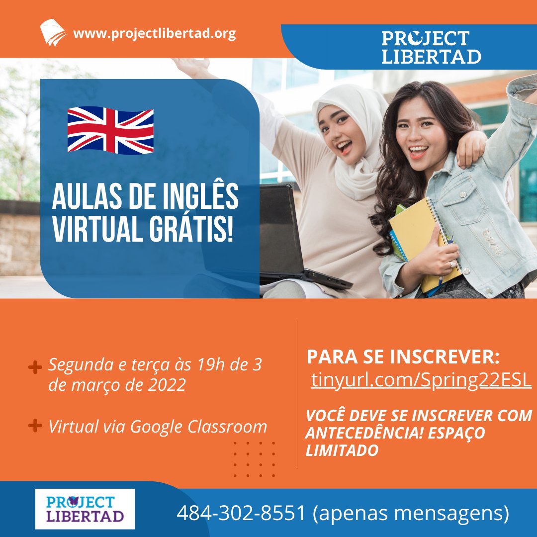 project_lbrtd's tweet photo. Our next session of free Adult ESL classes will start in March, you can sign up for classes today! Sign up at https://t.co/yQ14WMhTtV 
-
-
-
#adulteslclasses #adultesl #springsession #projectlibertad #freeeslclasses https://t.co/QE8qITSK5n