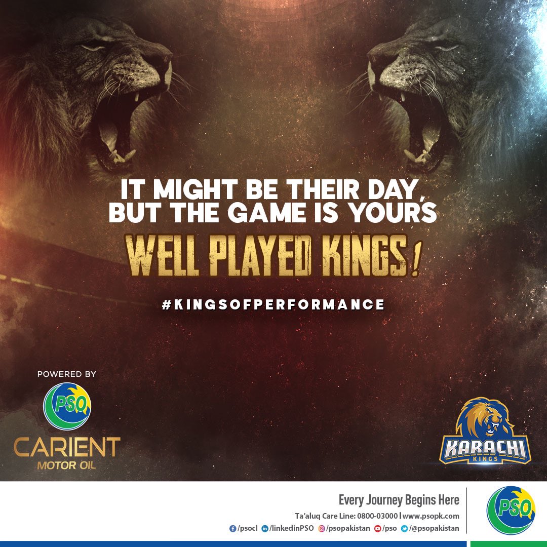 PSOPakistan's tweet photo. Today might be their day, but the game is definitely yours.
Better luck next time Kings!
#PSO #PSOCarient #CarientMotorOil #KarachiKings #KingsOfPerformance #PSL2022 #PSL7 #PakistanSuperLeague https://t.co/4cLCG3qBKd