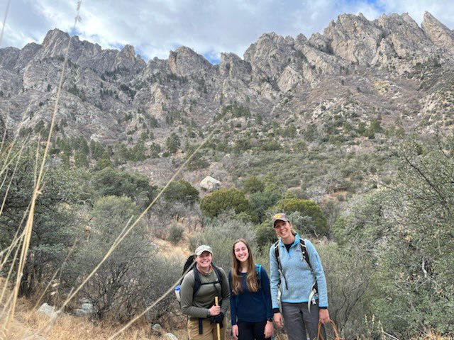 JenniferKFrey's tweet photo. Here are three of my current graduate students, @Hailey51390963, Meredith Dalton, and Steph Herbert maintaining cameras in the Organ Mountains. What smart, ambitious, and amazing people they are. I am daily humbled. https://t.co/aQDS6uKdjG