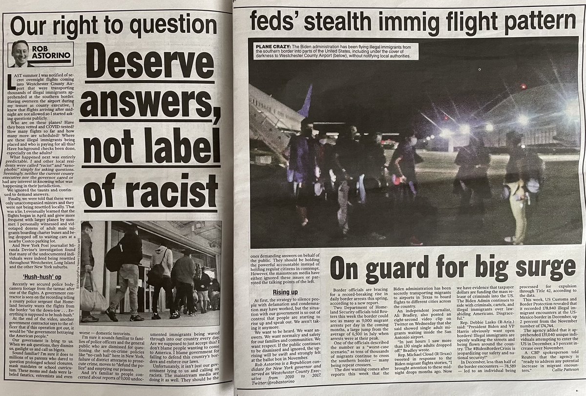 My op-Ed in yesterday’s <a href="/nypost/">New York Post</a> 
bit.ly/3ALCzRS

We deserve answers about secret fed operation that’s transferring the crisis at southern border to NY suburbs. Asking these questions isn’t racist.

Most Americans want our borders secured and immigration laws upheld.