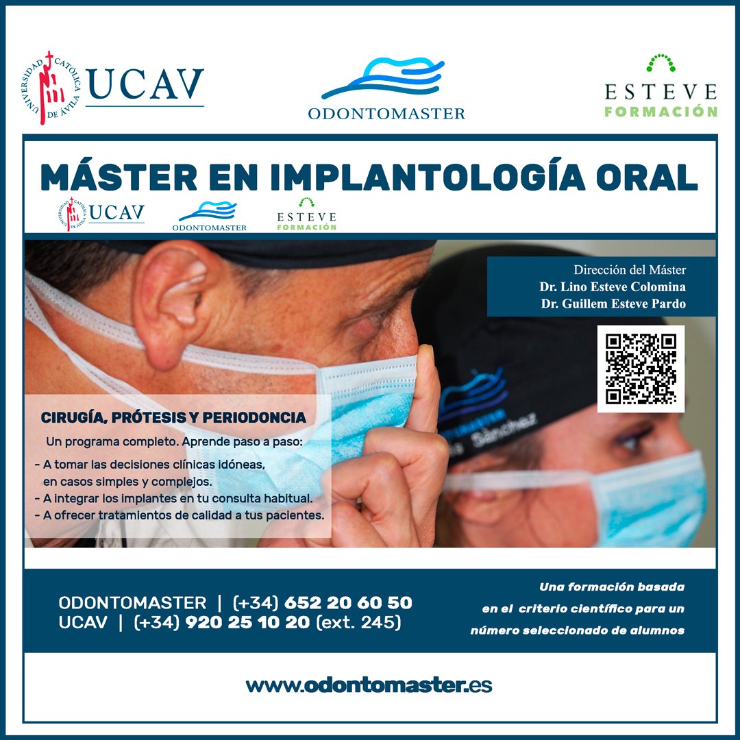 dr_emiliomunoz's tweet photo. Máster de Implantología
Alicante, ABRIL 2022
Organizan ODONTOMASTER y UCAV

60 créditos ECTS
Prácticas clínicas en Portugal, Brasil o Cuba

Dirección Máster:
Dr. Lino Esteve Colomina
Dr. Guillem Esteve Pardo

https://t.co/dKmpg4Hygb
@odontomaster_es @ucavila_ @esteveformacion https://t.co/50sqWMf6Pu