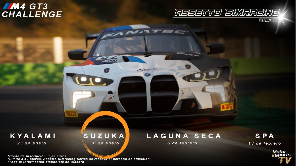 Hoy a las 22:10 empieza la segunda carrera de la M4 GT3 challenge que organiza <a href="/ASS_Spain/">Assetto Simracing Series</a> 💪🏻

Allí tendréis a <a href="/ManuRodry94/">YT_ManuRodry94</a> y <a href="/JotaemeBrea/">Jose Manuel Brea 🇪🇸</a> representándonos 🔥🔥🔥

Lo podréis ver en el canal de Twitch de <a href="/MotorEsportsTV/">MotorEsportsTV</a> 
👉🏻 twitch.tv/motoresportstv