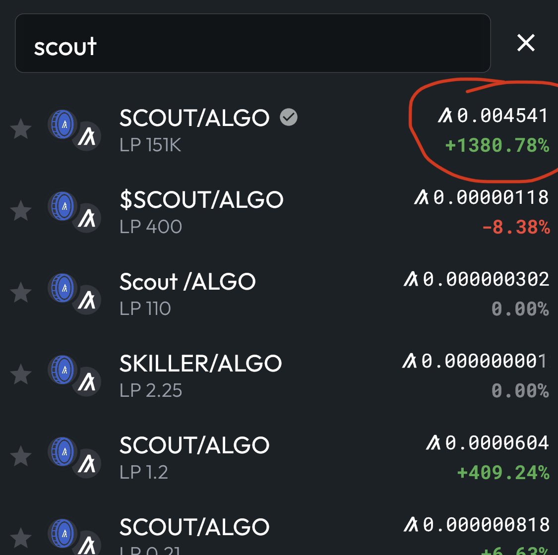 you_are_el's tweet photo. #algofam please be careful with the launch of @AlgoScout It’s up over 1000% already. @tinychartorg somehow missed the first seconds and displays a wrong percentage. My buddy @deflyapp has the correct numbers for you ❤️ #Algorand https://t.co/OkEtu4W4he