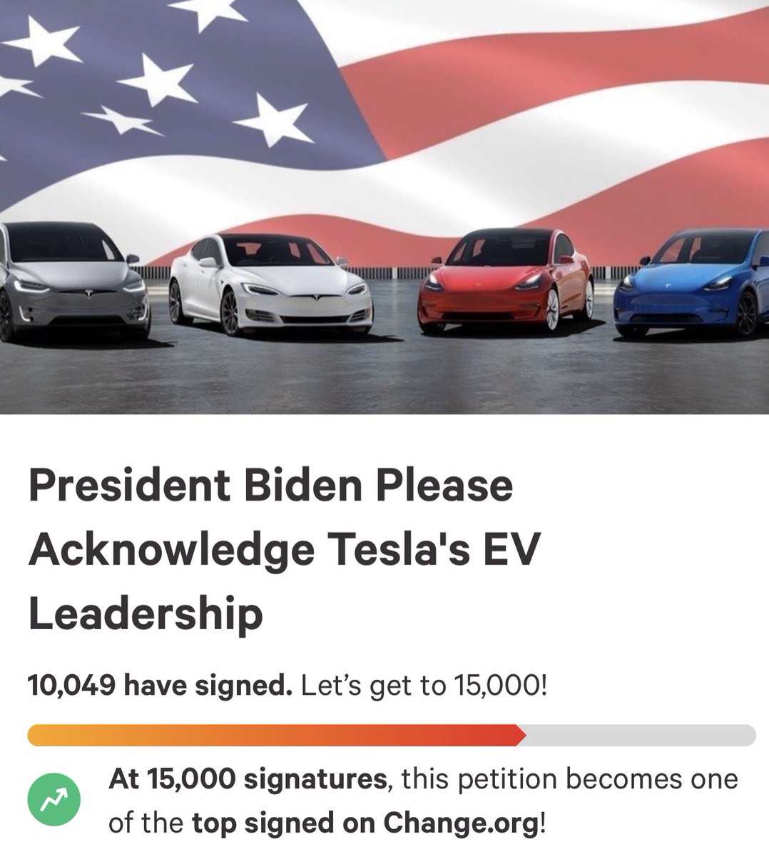 gailalfaratx's tweet image. Amazing, petition is over 10k people in support of Tesla ♥️ @elonmusk 

“I implore you, @POTUS , and so do those signing this, to do the right thing and acknowledge @Tesla for its hard work in making EVs a possibility for Americans.”

Let’s get to 15k 👍

change.org/p/president-bi…