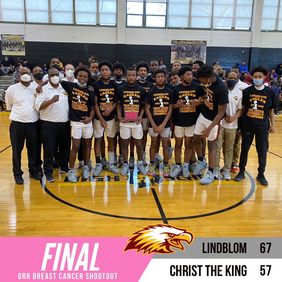 Lindblom defeats Christ the King 67-57 at the Orr Breast Cancer Shootout.

Seniors Reggie King and Zach Royster finished with 21p and 14p/7r/3b, respectively. Je’Shawn Stevenson (So.) added 24p/8r.

DNP: Quentin McCoy (So.), injured

#GoEagles 🔴🦅🟡
#WhiteCentralChamps 🏆