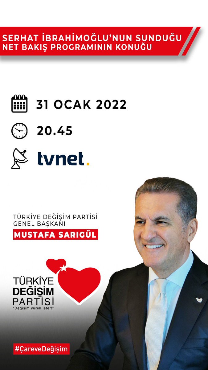 31 Ocak saat 20.45’de 
Serhat İbrahimoğlu’nun sunduğu net bakış programının konuğu 
Sayın Genel Başkanımız Mustafa Sarıgül Mutlaka izleyelim 💜

@TDP_turkiye 
<a href="/M_Sarigul/">Mustafa Sarıgül</a> 
#caresarigül 
<a href="/serhatibrahim/">Serhat İbrahimoğlu</a> 
<a href="/tvnet/">TVNET</a> 
#değisiminkaderi 
#degisimzamani 
#kaderyegitkadınkolları
