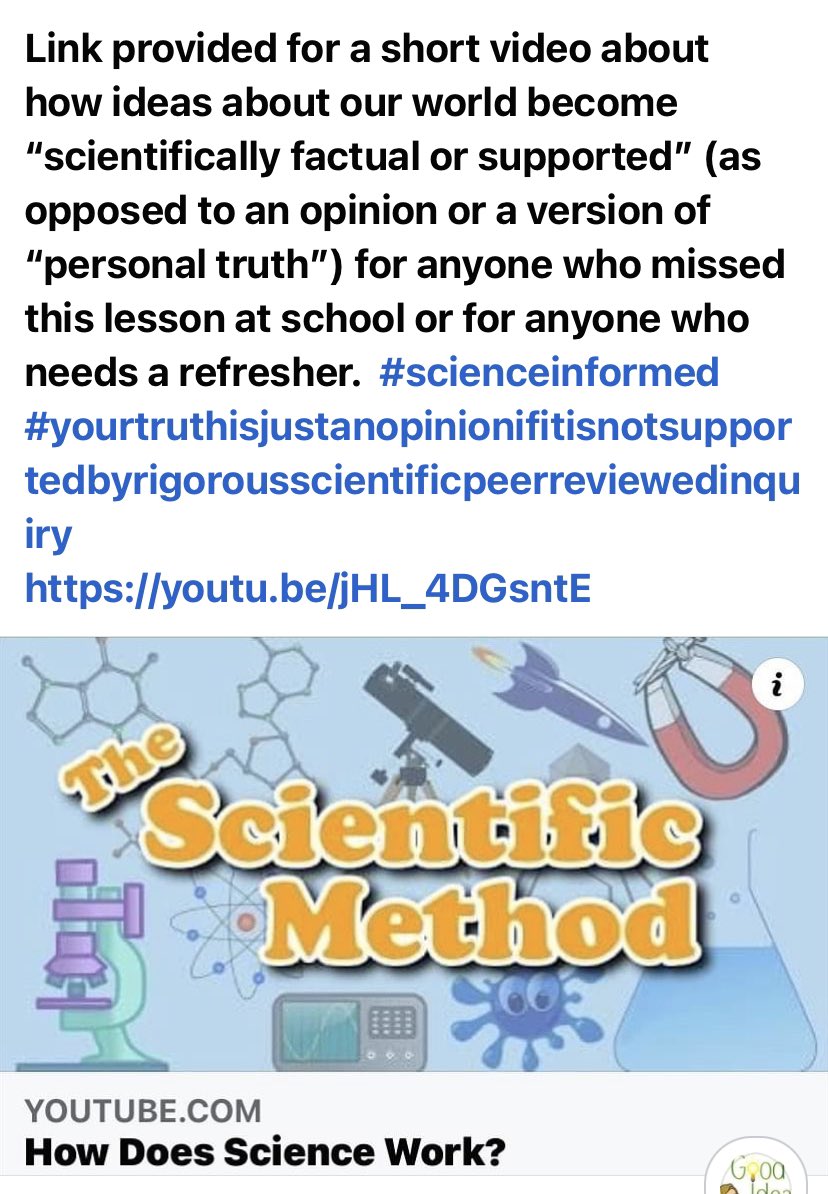 psychedupnorth's tweet photo. In case anyone missed this at school, or for those who need a refresher, here’s a link to a fun video (&amp; pics of related post) about how ideas become scientifically factual or supported, as opposed to being opinions or “personal truth”.
#scienceinformed
https://t.co/QyokFDZqa3 https://t.co/R8ZQbBFhVe