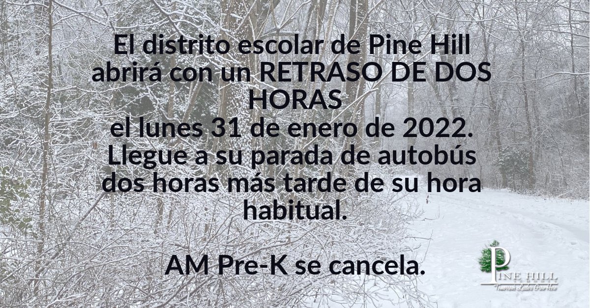 We will open with a 2 hour delay tomorrow, Monday  1/31/22, Please be at your bus stops 2 hours later than your usual time. 
AM Pre-K is canceled.  

Mañana, lunes 31/01/22, el distrito tendrá una apertura retrasada de 2 horas.  
AM Pre-K se cancela.