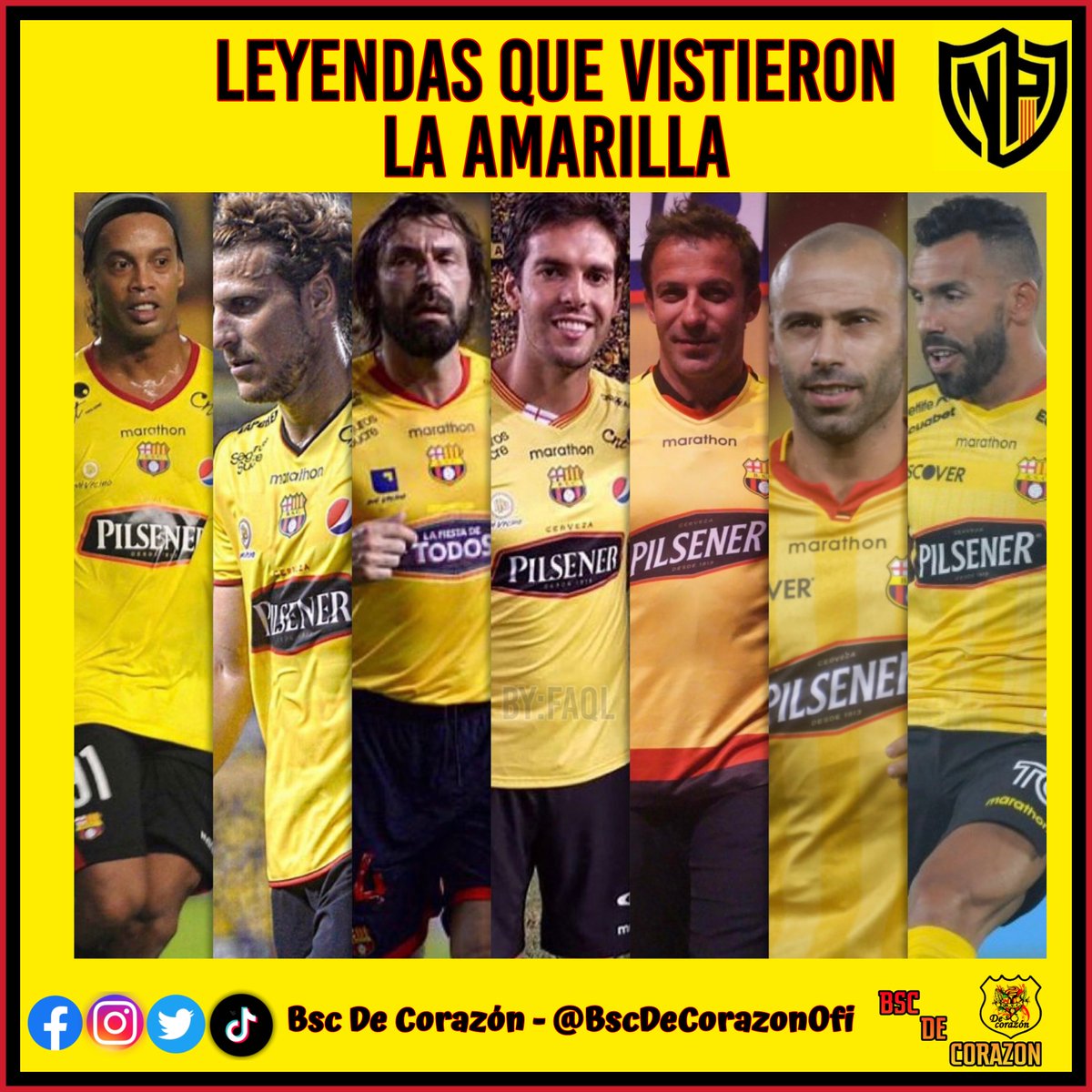 BscDeCorazonOfi's tweet photo. Leyendas Que Vistieron La Amarilla 
2016 @10Ronaldinho  🇧🇷
2017 @DiegoForlan7  🇺🇾
2018 @KaKa 🇧🇷
2019 @Pirlo_official  🇮🇹
2020 @delpieroale  🇮🇹
2021 @Mascherano  🇦🇷
2022 @__CarlitosTevez 🇦🇷
#NocheAmarilla
@BarcelonaSC https://t.co/GYmxiSzwxt