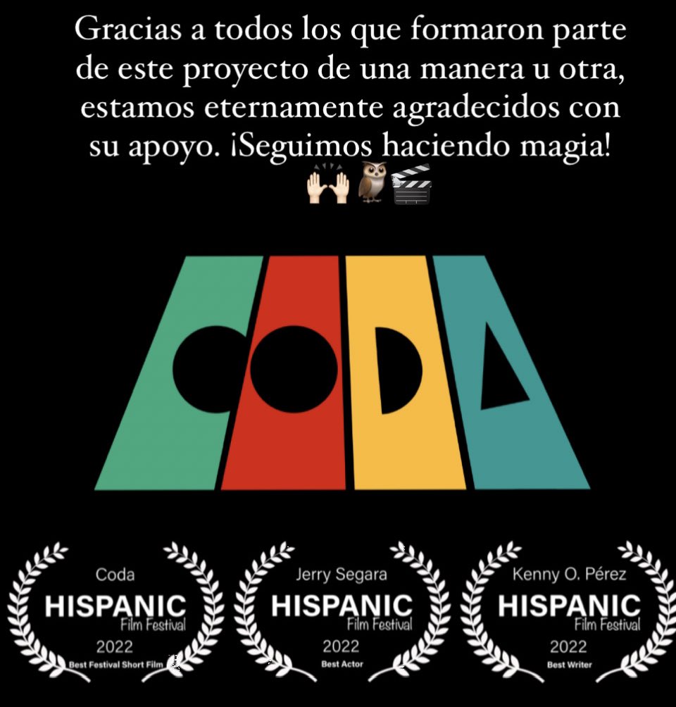 MucaroP's tweet photo. Celebramos una nueva victoria ya que el cortometraje #Coda ha recibido tres nuevos premios:
🏆 Best Festival Shortfilm: Coda 
🏆 Best Actor: Jerry Segarra  
🏆 Best writer: @kennyorlando14 

¡Seguimos haciendo magia!

#cortometrajes #PuertoRico #hechoenpr #shortfilm #Production https://t.co/04OVDrQo85