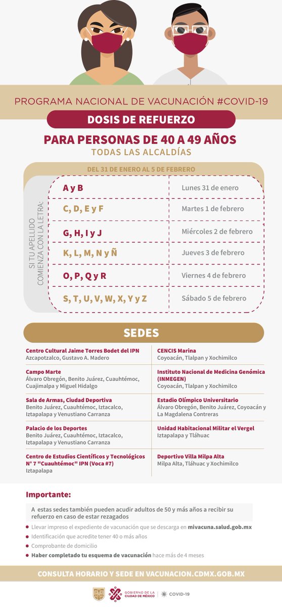 Mañana comienza la aplicación de la dosis de refuerzo de la vacuna contra COVID-19 para personas de 40 a 49 años residentes de las 16 alcaldías de la Ciudad de México.
Acude conforme al calendario y conoce la ubicación de las unidades vacunadoras en servicios.covid19.cdmx.gob.mx/storage/app/me…