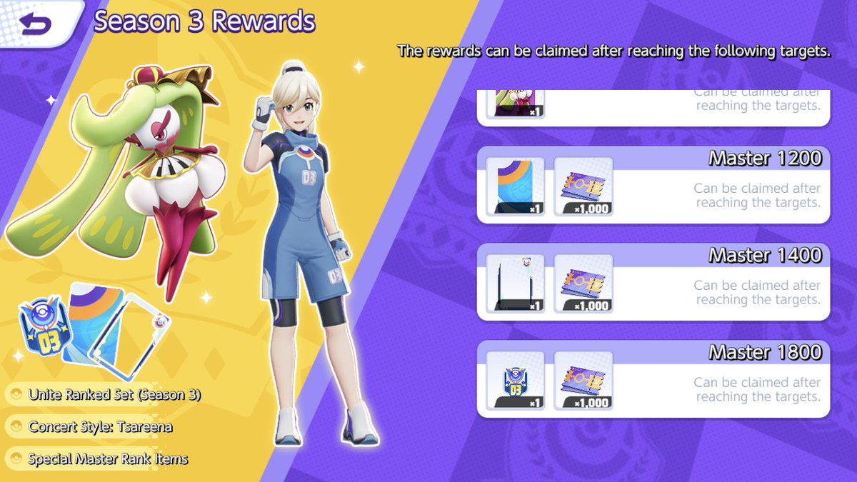 PokemonUnite's tweet image. Ranked Season 3 has begun! Increase your Master Rank, and receive rewards like Concert Style Tsareena! #PokemonUNITE