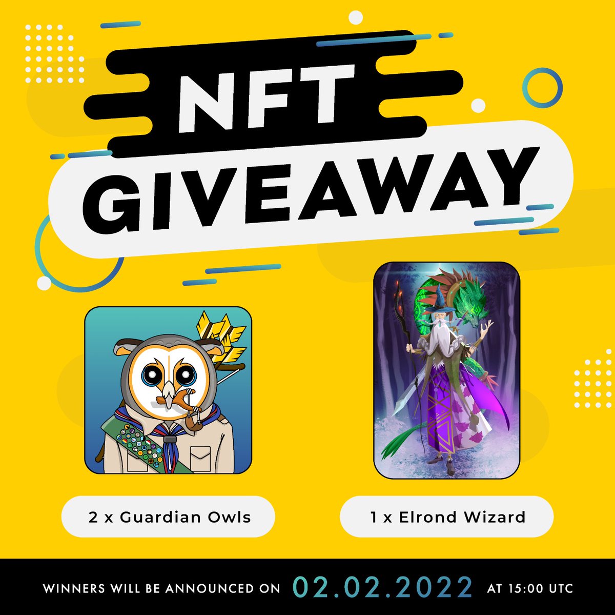People of Elrond!🧙‍♂️

In collaboration with <a href="/guardiansofdefi/">The Guardians 🪽</a> we present to you a new giveaway!⚡️

3 lucky winners🎁
2 Guardian Owls🦉
1 Wizard🧙‍♂️

👇to enter:
✅Follow <a href="/ElrondWizards/">ElrondWizards</a> and <a href="/guardiansofdefi/">The Guardians 🪽</a>
✅Like + RT
✅Tag 3 friends

#NFTGiveaway #NFTGiveaways #Giveaway