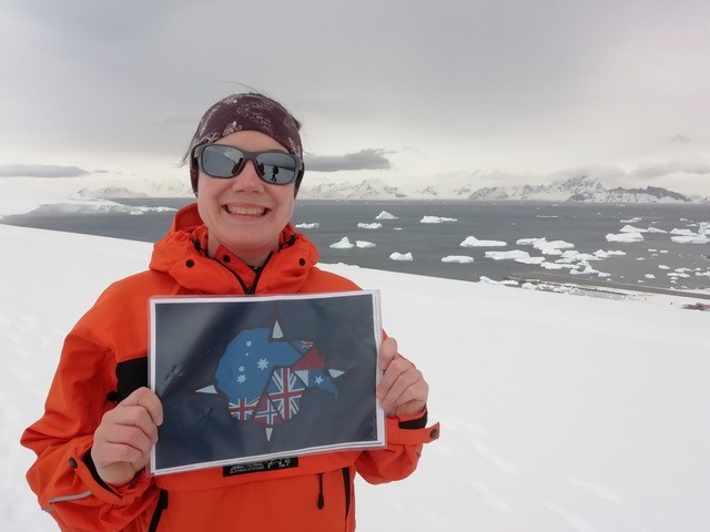 GeographyWhizz's tweet photo. Congratulations to Edward who won our internal Antarctica flag competition. His flag is was taken to Antarctica by Dr Emma Smith who is a Glaciologist. It was photographed near Rothera Research base. Thank you @UKPolarNetwork https://t.co/ZGylKqQOnf