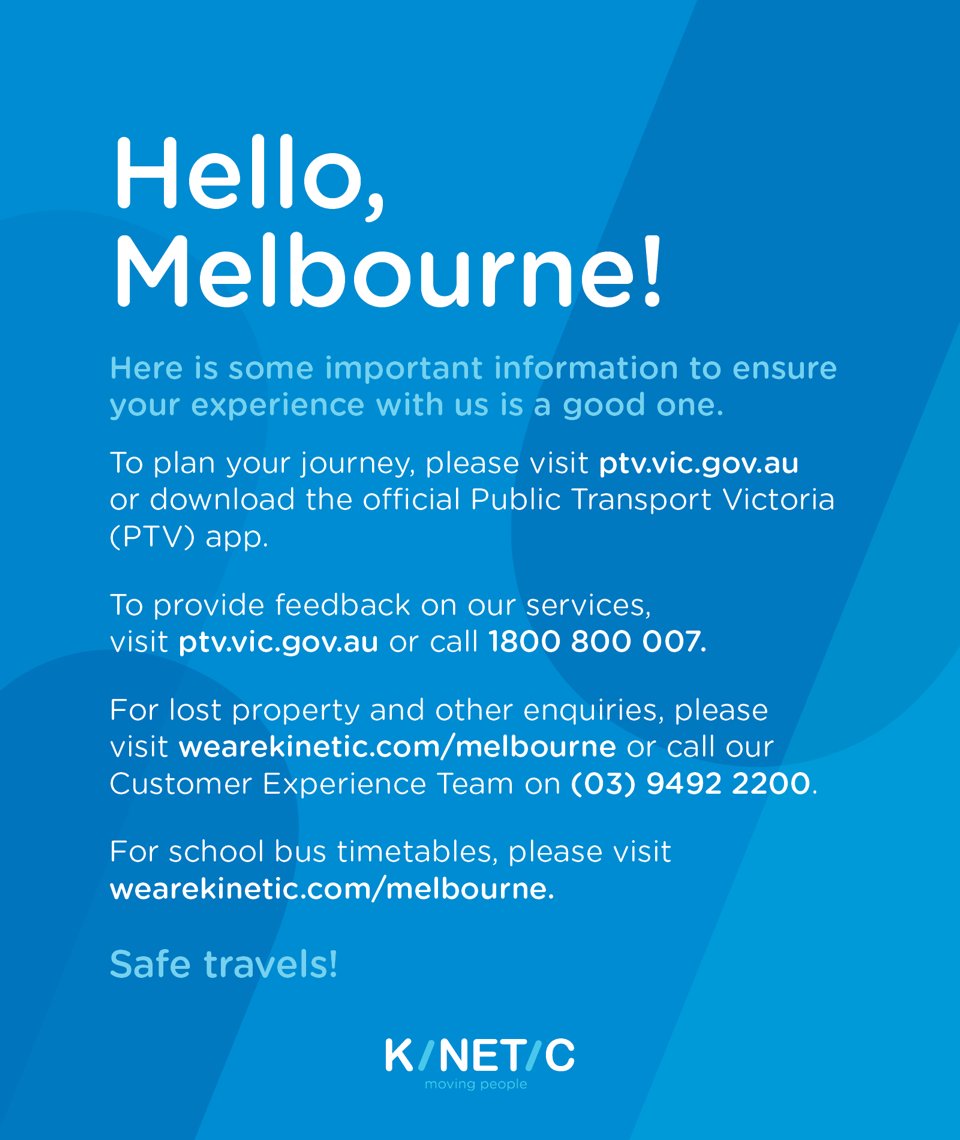 Kinetic_Melb's tweet photo. Good morning, Melbourne! 

Today we begin operating a third of the city’s bus routes - and we couldn’t be prouder!

We’ll be in the blue checkered shirts. Say hello when you hop on board! 

To plan your journey, please visit https://t.co/AehQJ70rTV or use the @ptv_official app. https://t.co/ATSmNspEAu